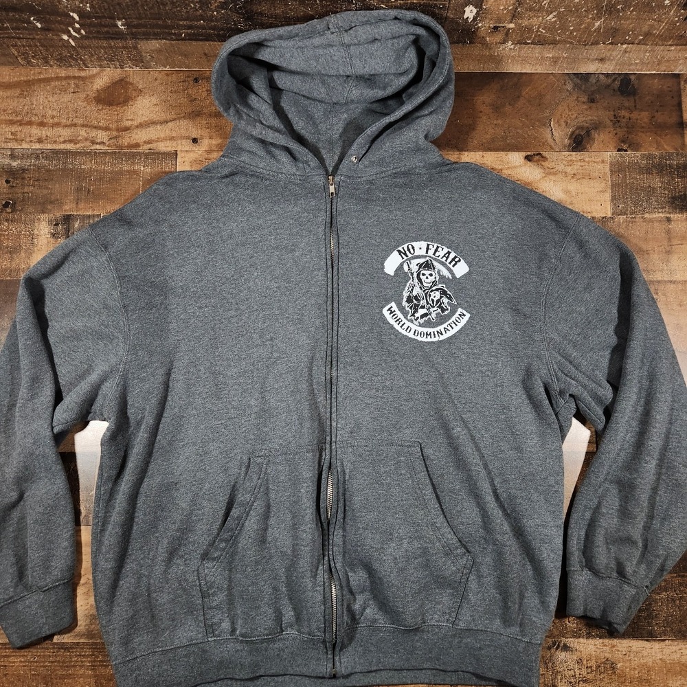 Vintage No Fear Hoodie Mens XL Gray Y2K Grunge Grim Reaper World Domination Zip
